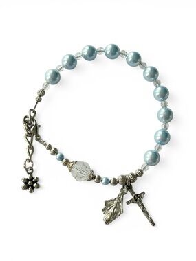 HANDCRAFTED Swarovski Rosary bracelet Light Blue Pearl Silver Accents Crystal